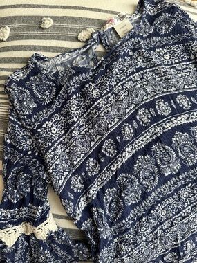 Magenta Navy & White Paisley Printed Peasant Top